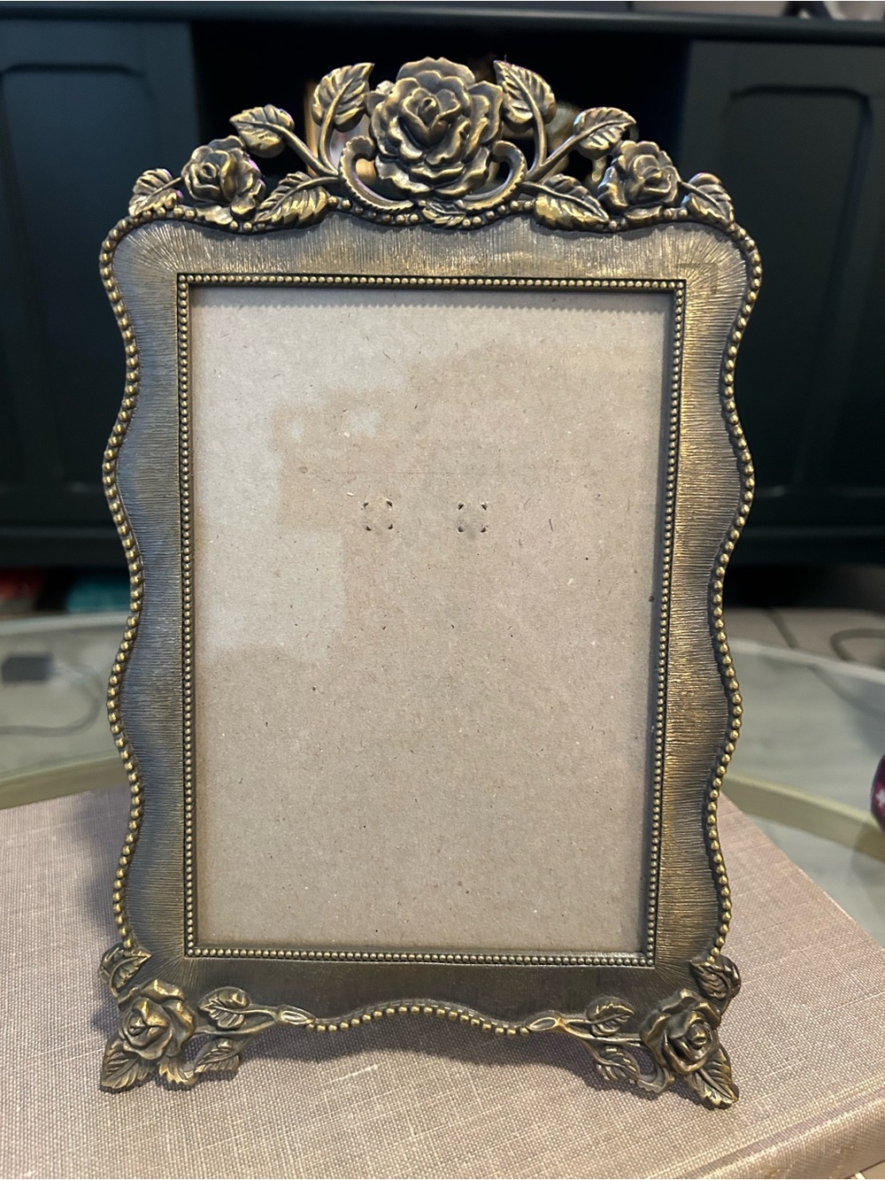 Ornate rose metal gold table top frame